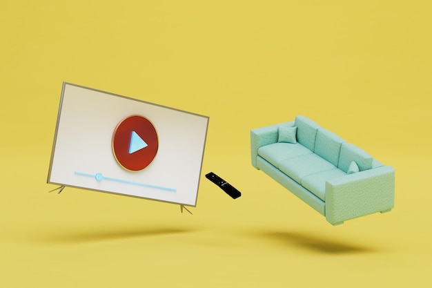 Oglądanie filmów na pilocie do telewizora i smart TV na żółtym tle renderowania 3D