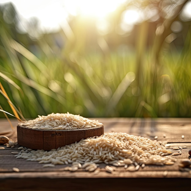 Zdjęcie oglądanie ryżu i niełuskanego na drewnianym stole świecące słońce bokeh naturalny widok