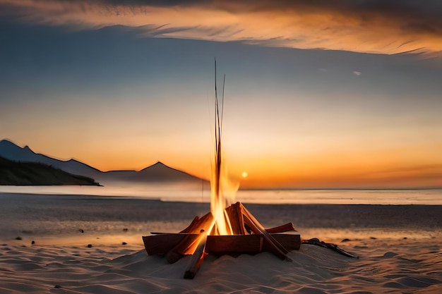 Zdjęcie ognisko na plaży z górami w tle