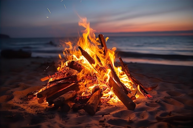 Ognisko na plaży z przytulnym letnim klimatem Ciesz się plażą z ogniskiem w nocy