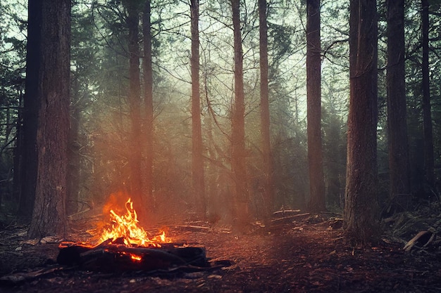 Ognisko w lesie. Piękny krajobraz natury. i drzewa. Iskry i płomienie.