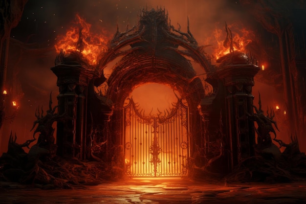Zdjęcie ognista brama strzeżona przez demona prowadząca do czeluści piekieł surrealistyczna i złowroga generatywna sztuczna inteligencja