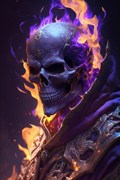 Ognista czaszka z fioletowymi płomieniami i fioletowym płomieniem na głowie.