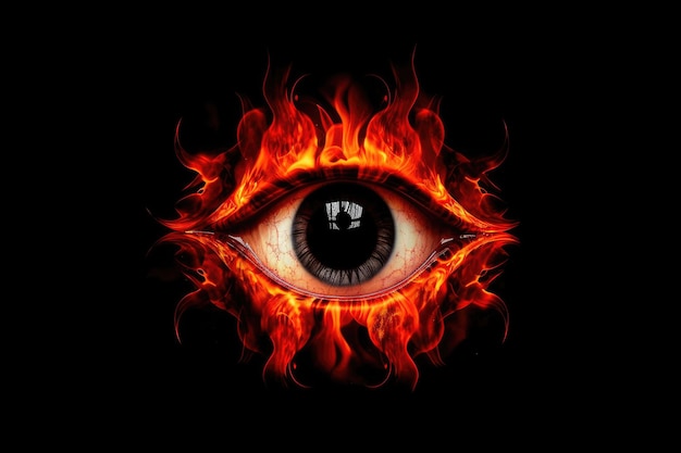 Zdjęcie ogniste czerwone złe oko otoczone płomieniami na czarnym tle