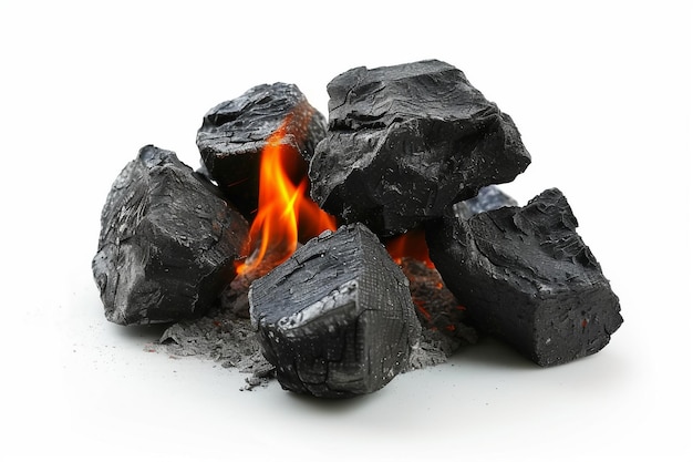Zdjęcie ognisty blask płonącego węgla na białym tle