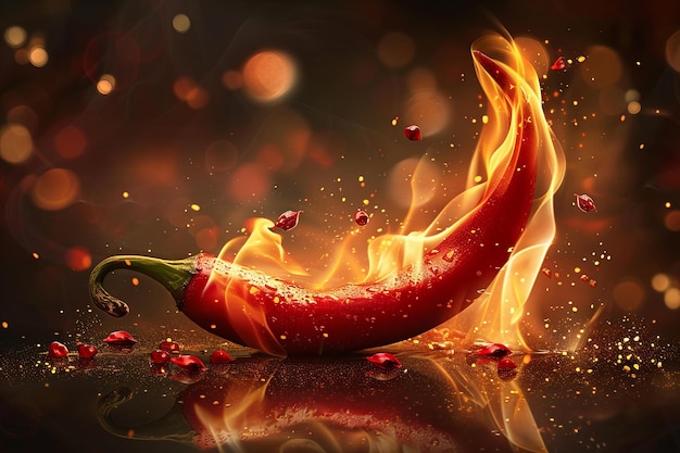 Zdjęcie ognisty czerwony pieprz chili z płomieniami na ciemnym tle