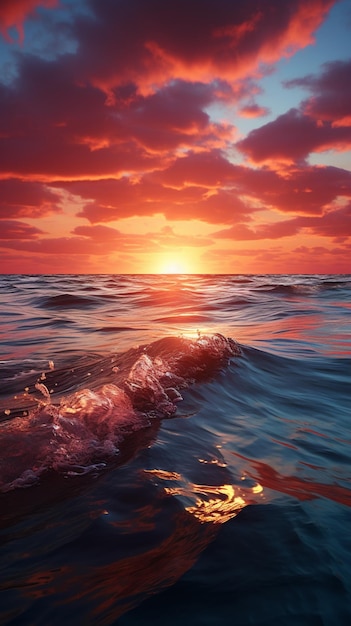 Ognisty czerwony zachód słońca nad spokojnym horyzontem oceanu Pionowa tapeta mobilna