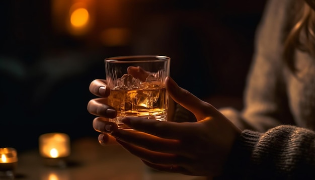 Ognisty koktajl whisky rozgrzewa dłoń w zimową noc generowaną przez sztuczną inteligencję