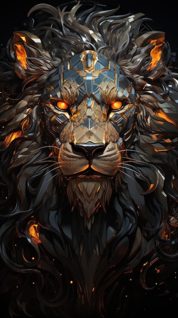 Zdjęcie ognisty lew w ciemnych kolorach na czarnym tle
