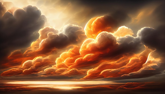 Ognisty pomarańczowy dramatyczny pochmurny zachód słońca niebo Kolorowe kolory świtu Niesamowite piękno Piękne i kolorowe abstrakcyjne tło natury Ilustracja 3d