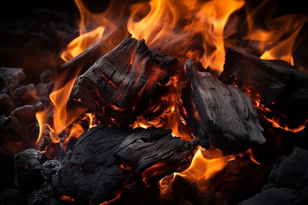 Zdjęcie ognisty węgiel do grilla na tle z wysokiej jakości płomieniami