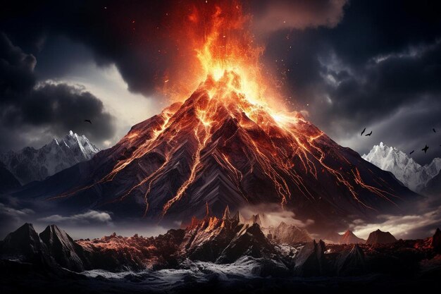 ognisty wulkan z lawą płynącą w tle wulkanicznym
