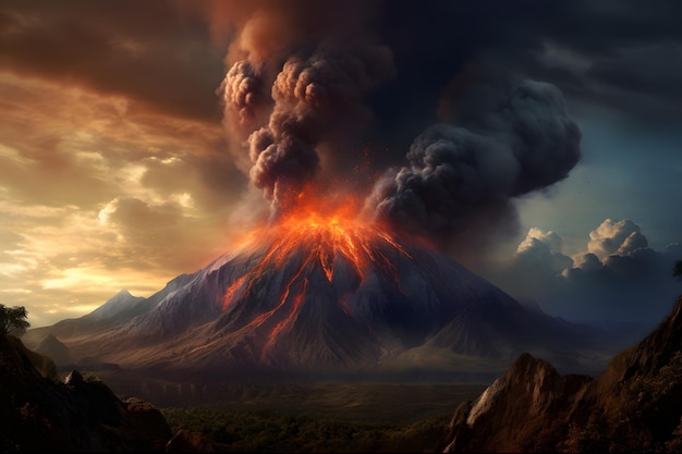 ogólna erupcja wulkanu w ciągu dnia Sieć neuronowa wygenerowana w maju 2023 r. Nieoparta na żadnej rzeczywistej scenie ani wzorcu