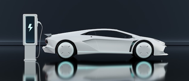 Ogólna koncepcja białego sportowego samochodu elektrycznego. Koncepcja technologii futurystycznych samochodów. renderowanie 3D