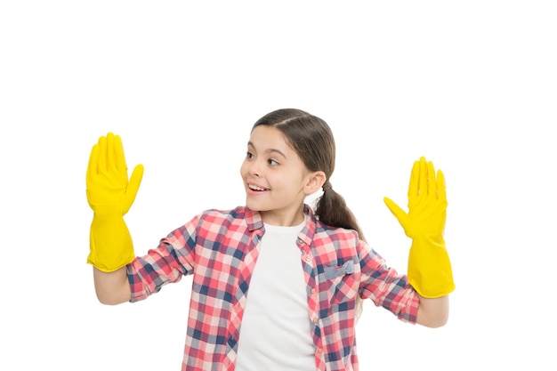 Ogólne sprzątanie Żółte rękawiczki do sprzątania domu koncepcja prac domowych czas na pranie Środki czystości reklama mała dziewczynka sprzątanie w gumowych rękawiczkach dziecko czysty dom w rękawiczkach lateksowych