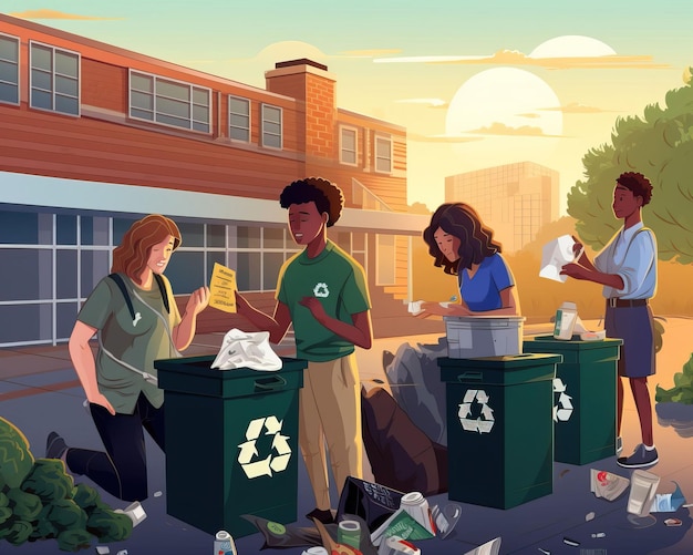 Ogólnoszkolny program recyklingu, w ramach którego uczniowie pilnie sortują odpady do różnych pojemników