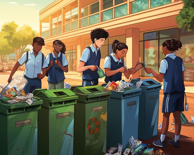 Ogólnoszkolny program recyklingu, w ramach którego uczniowie pilnie sortują odpady do różnych pojemników