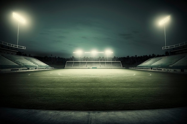 Zdjęcie ogólny stadion trawiasty oświetlony reflektorami i otwarty plac zabaw z zieloną trawą obraz generowany przez technologię ai