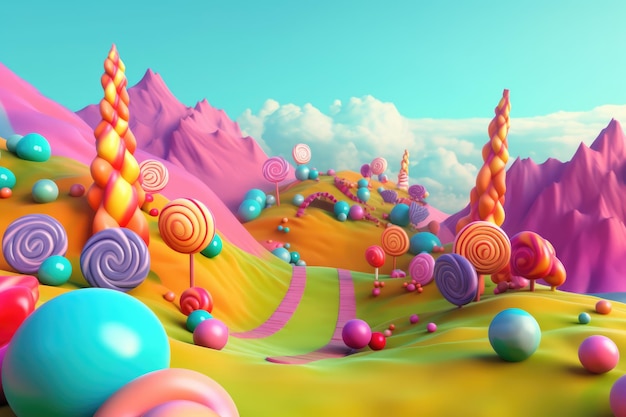 Ogólny widok kolorowej krainy cukierków w kolorach tęczy, stworzonej przy użyciu technologii generatywnej AI
