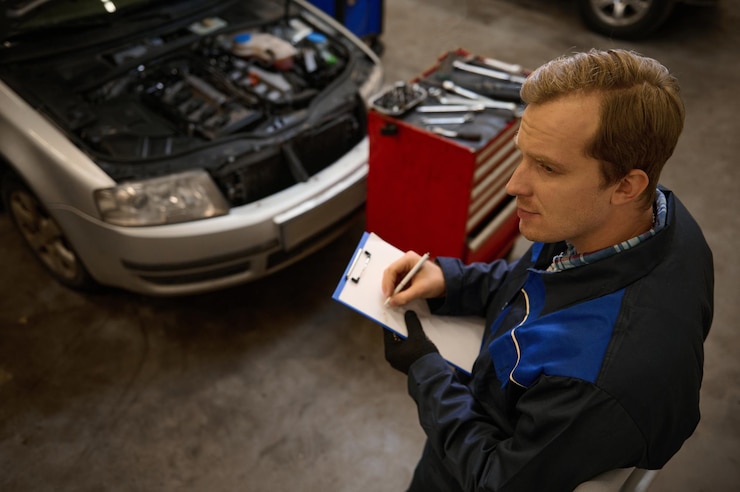 Zdjęcie ogólny widok mechanika rasy kaukaskiej pisania list kontrolnych w schowku, inspekcji samochodu z otwartą maską w warsztacie samochodowym. inżynier utrzymania ruchu pracujący w branży motoryzacyjnej.