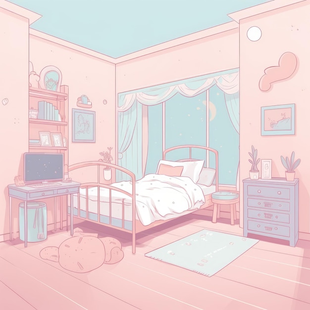 Ogólny widok sypialni w pastelowych kolorach stworzony przy użyciu technologii generative ai