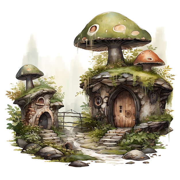 Ogród Gnome Village Moss Covered Rocks Małe drewniane chaty Gno Przyjemne akwarele natury Dekoracyjne