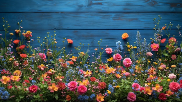 Ogród kwiatowy nad niebieskim drewnianym tłem stołu Tło z przestrzenią do kopiowania
