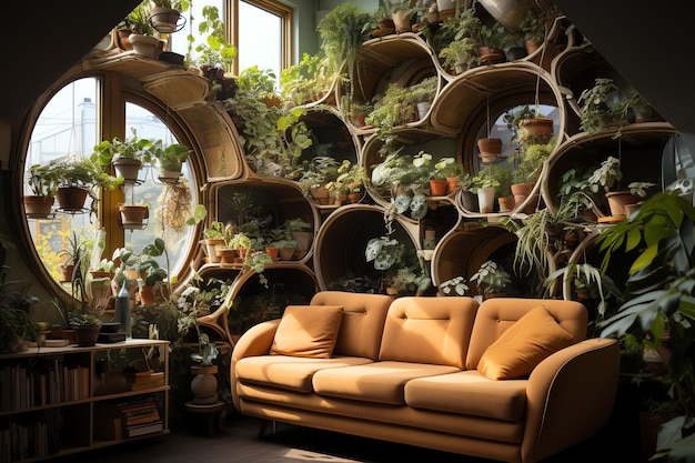 Ogród lub gigantyczna roślina zarastająca wnętrze mieszkania Styl aranżacji salonu z zieloną ścianą