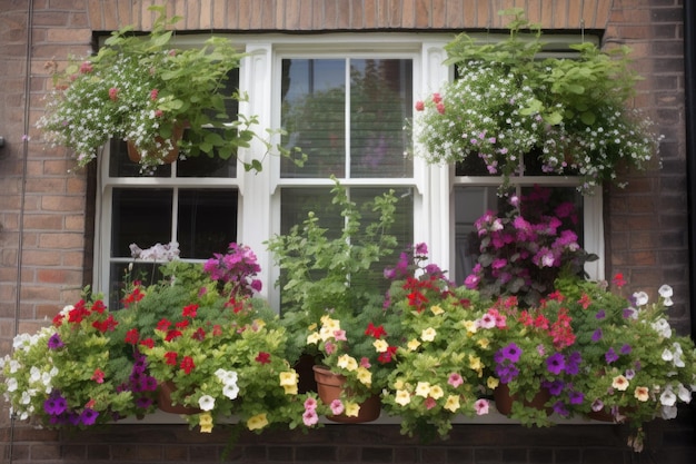 Ogród okienny pełen kwiatów i zieleni stworzony za pomocą generatywnej sztucznej inteligencji
