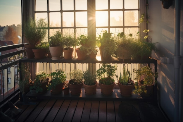 Ogród okienny z ziołami i kwiatami na balkonie od strony wschodu słońca stworzony za pomocą generatywnej sztucznej inteligencji