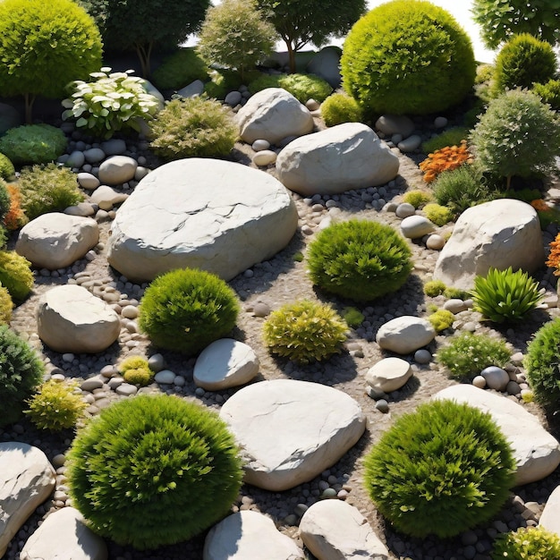 Ogród ozdobiony kamieniami, kwiatami i roślinami izolowanymi na białym tle