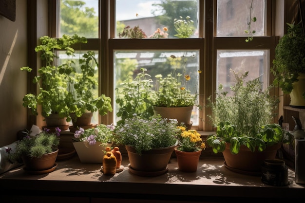 Ogród przy oknie wypełniony kwitnącymi kwiatami i ziołami do gotowania stworzonymi za pomocą generatywnej sztucznej inteligencji
