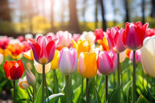 Ogród tulipanów pełen różnorodnych kolorów tulipanów wiosną