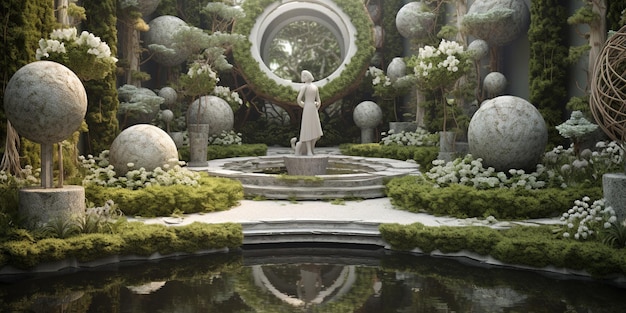 Ogród z fontanną i posągiem kobiety w białej sukni stojącej na środku stawu