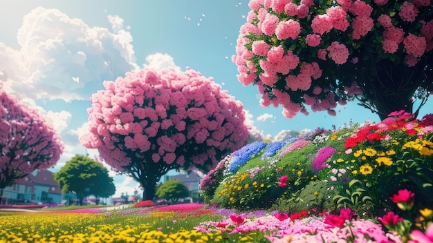 Ogród z kwiatami i błękitnym niebem