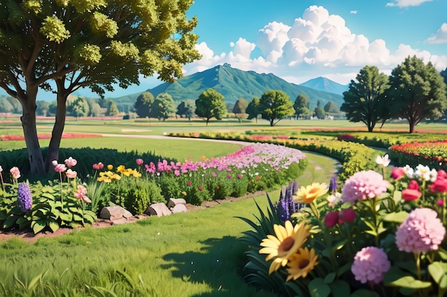Ogród z kwiatami i górami w tle