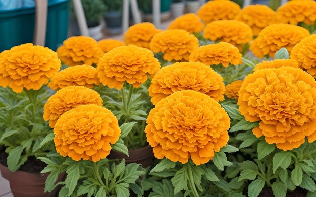 Ogród z kwiatami marigold w naturalnym tle