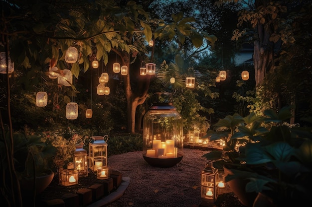 Ogród z latarniami, świecami i migoczącymi światłami w nocy
