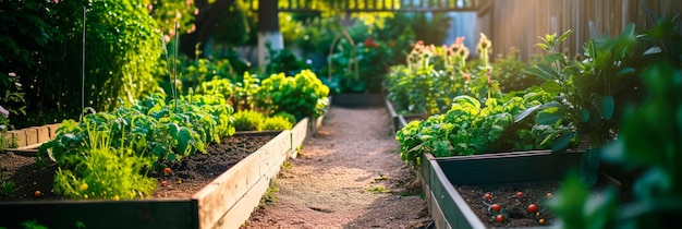 Zdjęcie ogród z podniesionymi łóżkami i bujną zielenią promujący koncepcję lokalnego i zrównoważonego rolnictwa w środowisku miejskim