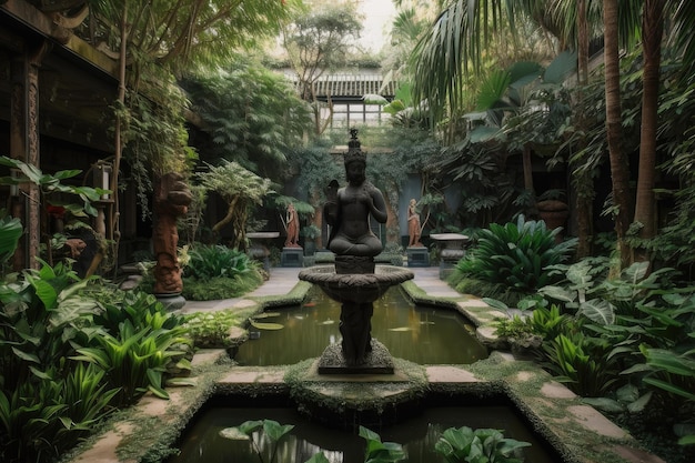 Ogród z rzeźbami i fontannami otoczony bujną zielenią