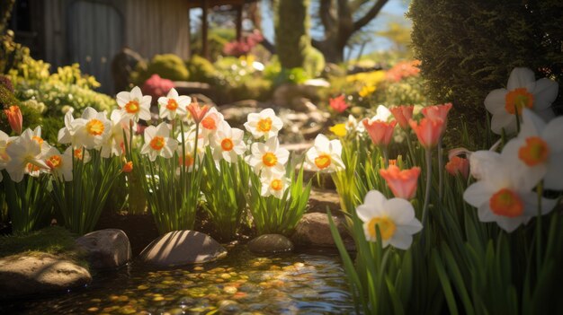 Zdjęcie ogród z tulipanami i narcyzami kwitnącymi na wielkanoc