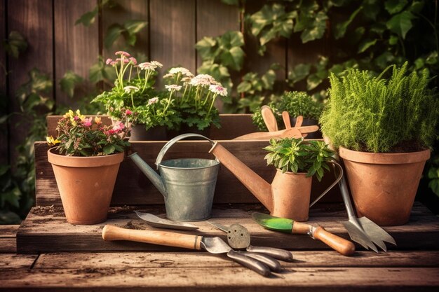 Zdjęcie ogrodnictwo zestaw narzędzi dla ogrodnika i doniczki w słonecznym ogrodzie
