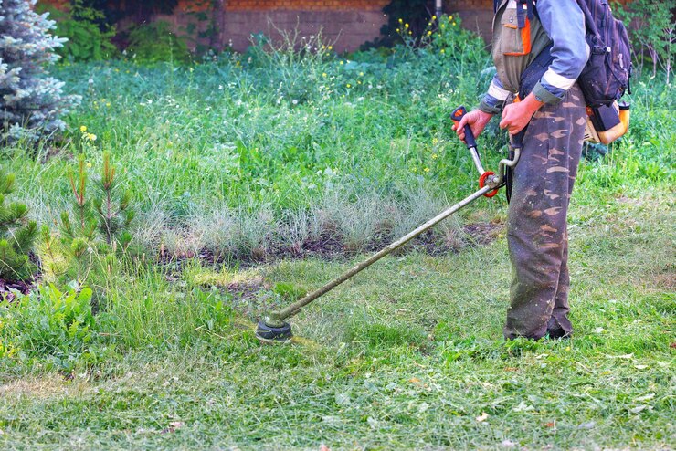 Zdjęcie ogrodnik kosi zielony trawnik benzyną w letni dzień