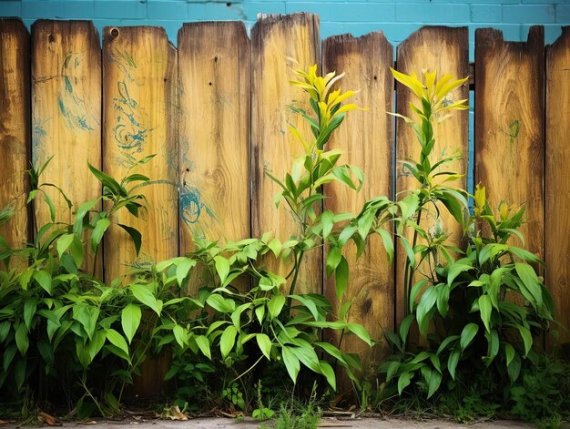 ogrodzenie z niebieską ścianą z rośliną na nim
