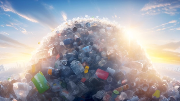 Ogromna góra odrzuconych plastikowych butelek z sylwetką miasta w oddali