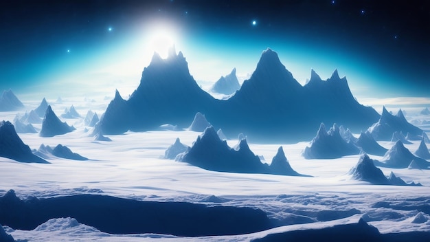 Ogromne lodowate płaskowyża na planecie w odległej galaktyce scena niesamowitej skali i naturalnego piękna w zimnym świecie