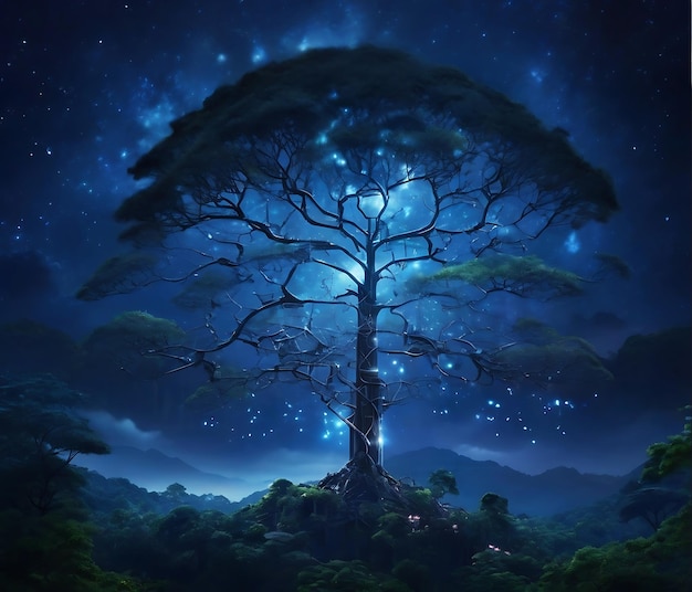 Zdjęcie ogromne piękne drzewo na tle nocnego nieba z kosmicznym światłem
