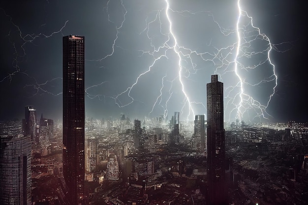 Ogromne pioruny nad głównymi nowoczesnymi metropoliami Nocna burza nad miastem