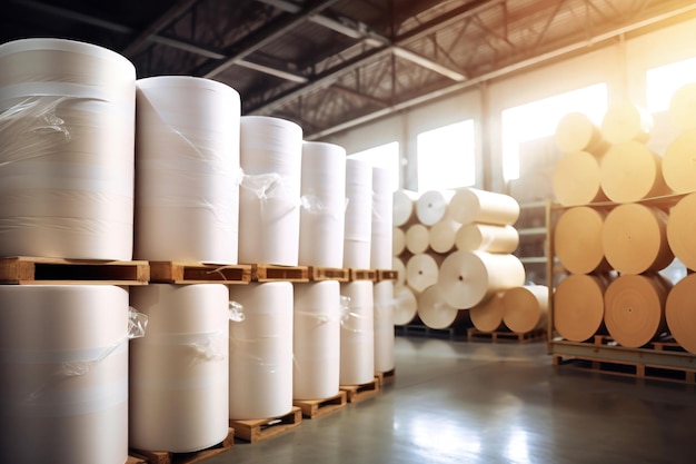 Ogromne rolki papieru są przechowywane w magazynie fabryki Produkcja papieru przemysłowego Produkty gotowe zakładu przetwórstwa papieru