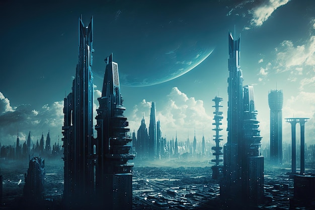Ogromny krajobraz miejski w przyszłości dramatyczne oświetlenie w tonacji niebieskiej Generative AI AIG15